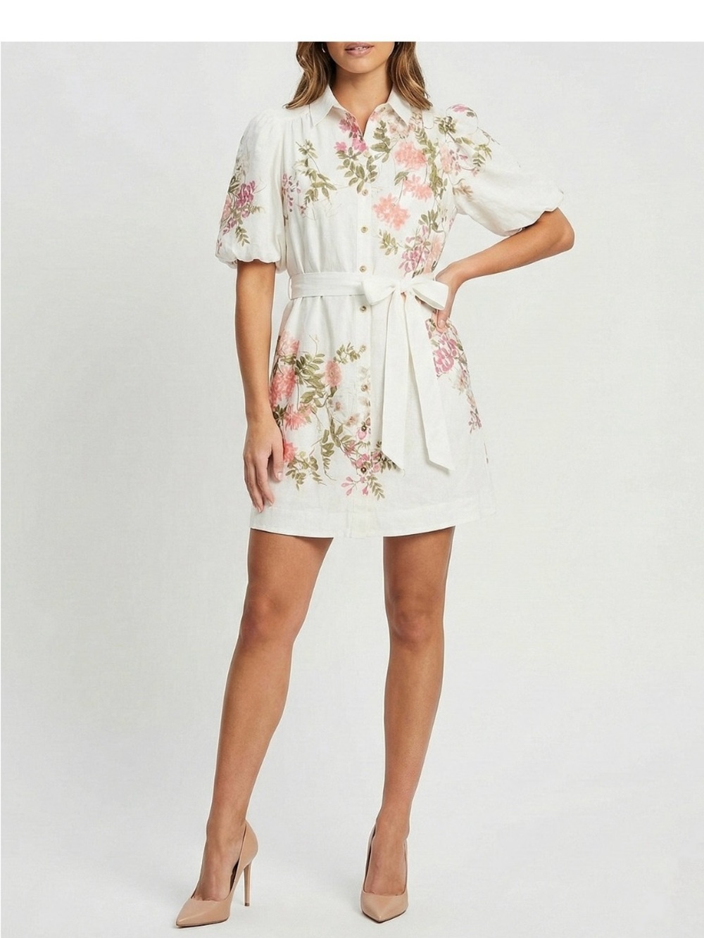Taylor Floral Belted Shirt Dress - White with Pink Floral